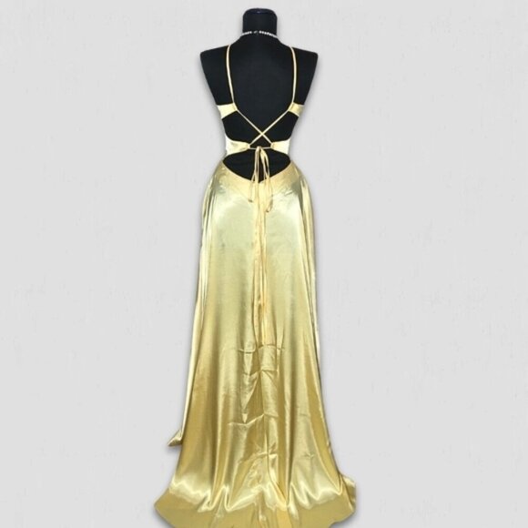 Blondie Nites Yellow Satin A Line Prom Dress Size 5 - Picture 2 of 11